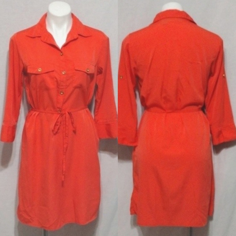Speed Control Orange Utility Shirt Dress Roll Tab Tie Waist Modern Casual Chic M